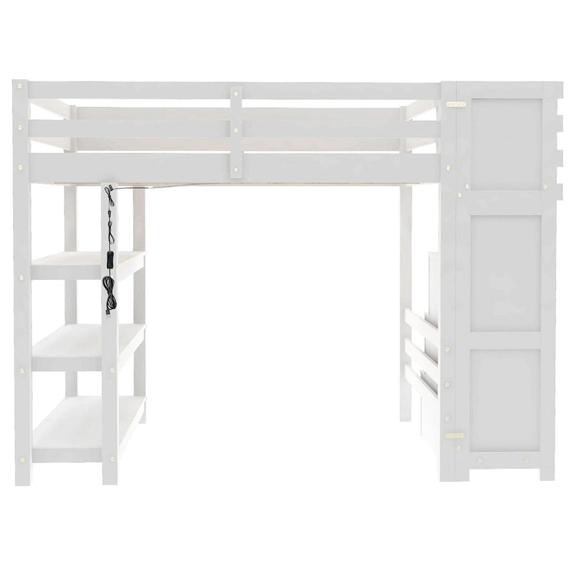 Twin Size Loft Bed with Shelves, Storage Staircase, Small Wardrobe and White LED Light, White