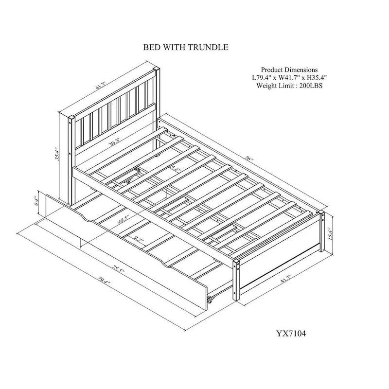 Brown Walnut Rubberwood Twin Size Platform Bed Frame with Trundle, Modern Design, No Box Spring Needed