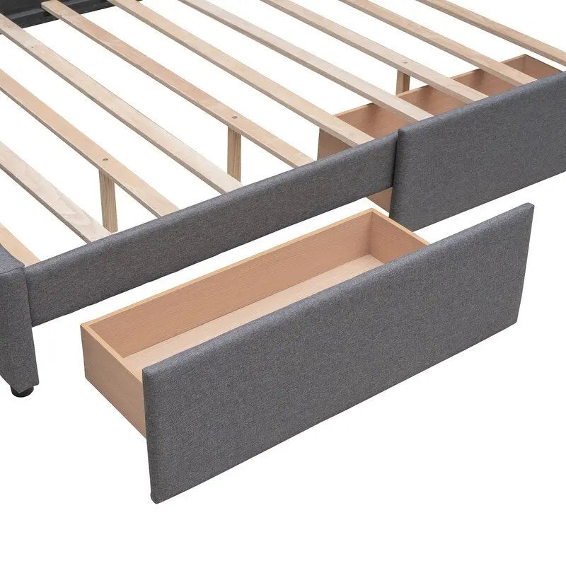 Queen Size Bed with 2 Storage Drawers and a Twin XL Trundle, Upholstered Platform Queen Bed Frame with Tufted Headboard