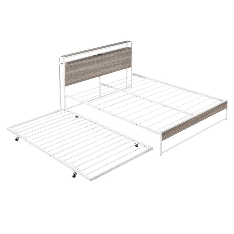 Queen Size Metal Platform Bed with Trundle,USB Ports,No Box Spring Needed