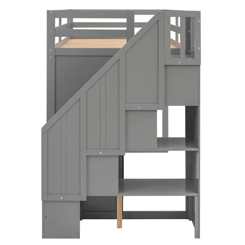Functional Loft Bed with 3 Shelves, 2 Wardrobes and 2 Drawers, Ladder with Storage, No Box Spring Needed