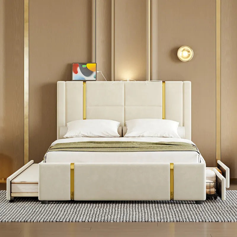 Queen Size Upholstered Bed with Trundle and 2 Drawers Beige Velvet Platform Bed with USB Charger Night Light