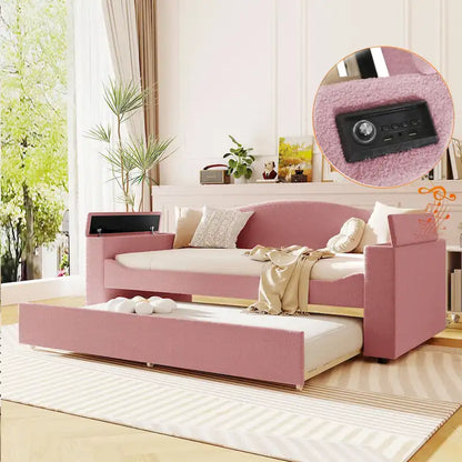 Twin Size Upholstered Daybed with Storage Armrests, Trundle and Latest Integrated Bluetooth Audio System, Teddy Fleece, Gray