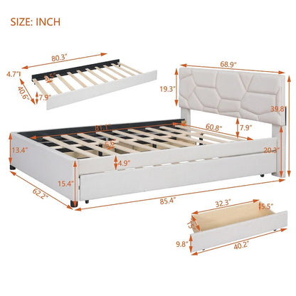 Brick Pattern Headboard Bed Frame Linen Fabric Upholstered Platform Bed, Wood Panel Bed wTrundle Bed & 2 Drawers,Low Profile Bed