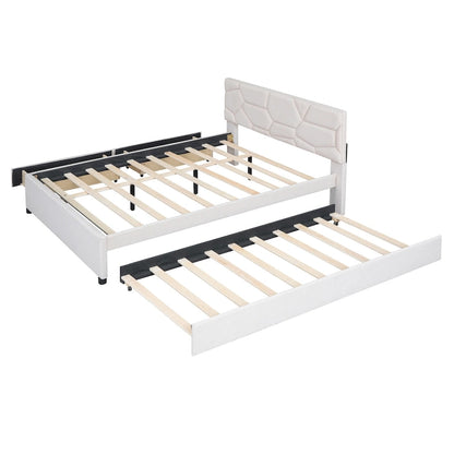 Brick Pattern Headboard Bed Frame Linen Fabric Upholstered Platform Bed, Wood Panel Bed wTrundle Bed & 2 Drawers,Low Profile Bed