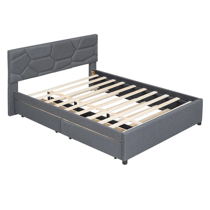 Brick Pattern Headboard Bed Frame Linen Fabric Upholstered Platform Bed, Wood Panel Bed wTrundle Bed & 2 Drawers,Low Profile Bed