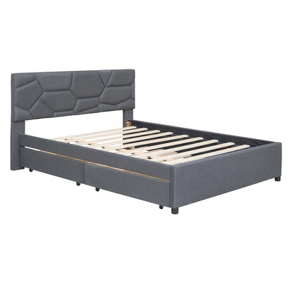 Brick Pattern Headboard Bed Frame Linen Fabric Upholstered Platform Bed, Wood Panel Bed wTrundle Bed & 2 Drawers,Low Profile Bed