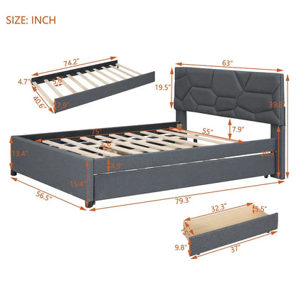 Brick Pattern Headboard Bed Frame Linen Fabric Upholstered Platform Bed, Wood Panel Bed wTrundle Bed & 2 Drawers,Low Profile Bed