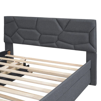 Brick Pattern Headboard Bed Frame Linen Fabric Upholstered Platform Bed, Wood Panel Bed wTrundle Bed & 2 Drawers,Low Profile Bed