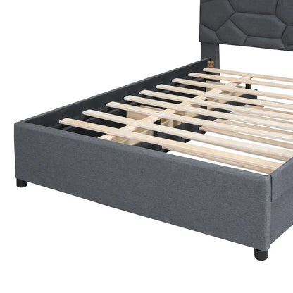 Brick Pattern Headboard Bed Frame Linen Fabric Upholstered Platform Bed, Wood Panel Bed wTrundle Bed & 2 Drawers,Low Profile Bed