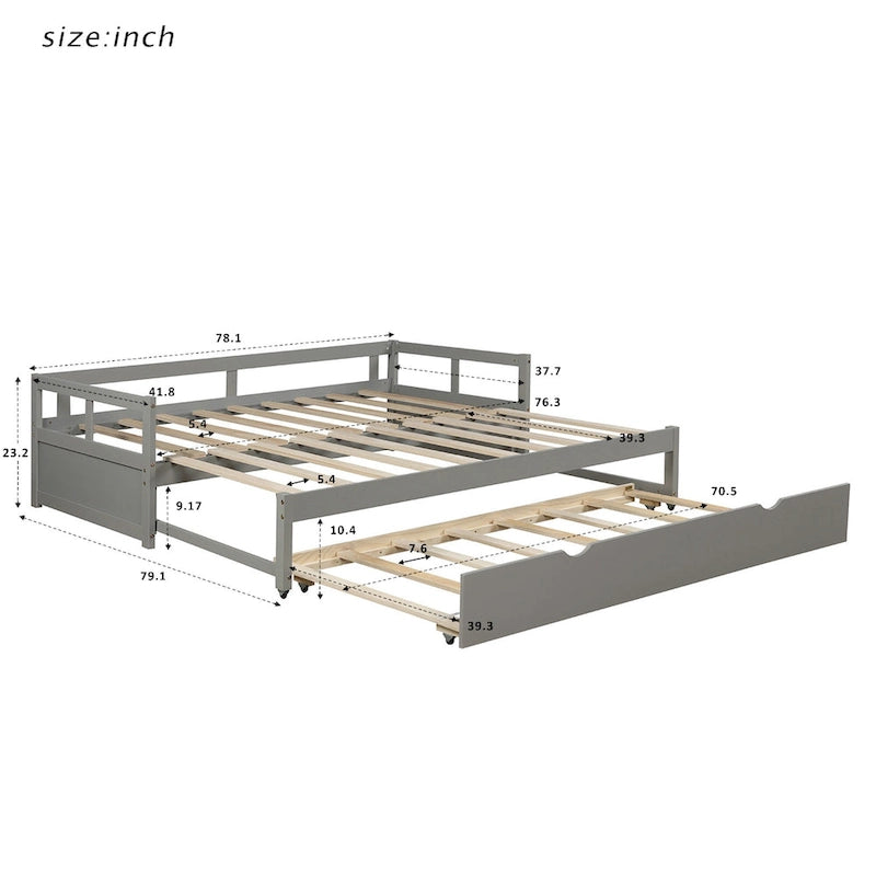 Grey Extendable Twin Pine Daybed with Trundle - Sturdy Frame and Slat Kit Included