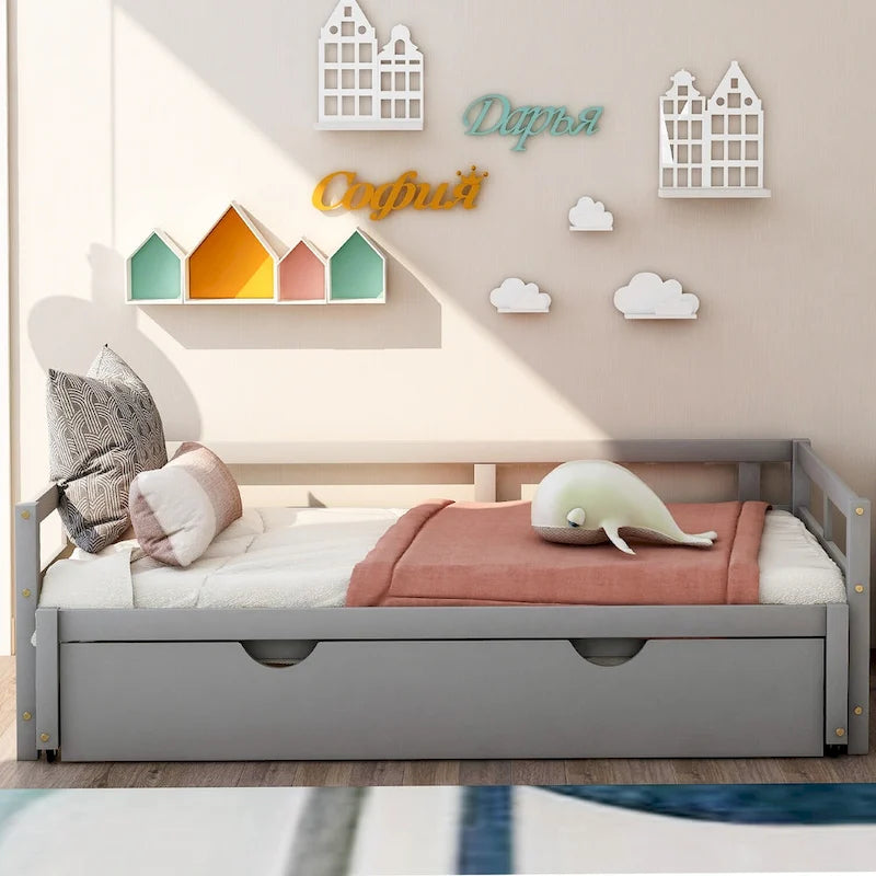 Grey Extendable Twin Pine Daybed with Trundle - Sturdy Frame and Slat Kit Included