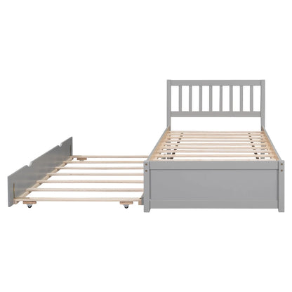 Grey Twin Platform Bed in Walnut Wood with Trundle and Fence Headboard - Modern Space-Saving Design