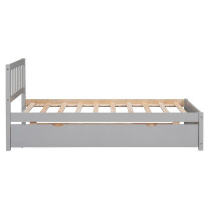 Grey Twin Platform Bed in Walnut Wood with Trundle and Fence Headboard - Modern Space-Saving Design