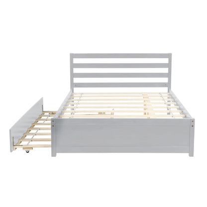 Grey Full Size Wood Platform Bed with Headboard and Twin Trundle - Durable Pine with Slat Support