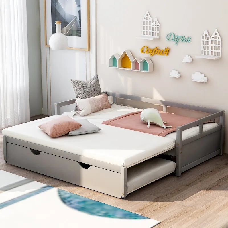 Grey Pine Wood Twin Size Daybed with Trundle and Slat Kit - Elegant Design