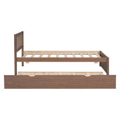 Brown Walnut Rubberwood Twin Size Platform Bed Frame with Trundle, Modern Design, No Box Spring Needed