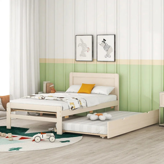 White Twin Platform Bed Frame in Solid Wood with Trundle and Modern Wood Headboard
