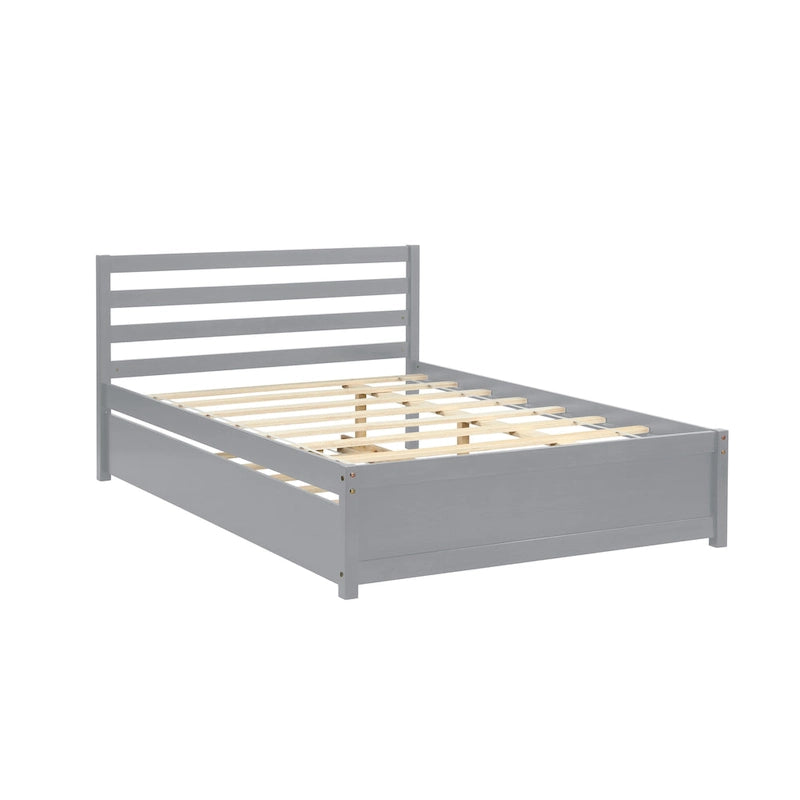 Grey Full Size Wood Platform Bed Frame with Headboard and Twin Trundle - No Box Spring Needed, Durable Pine Wood, Slat Support