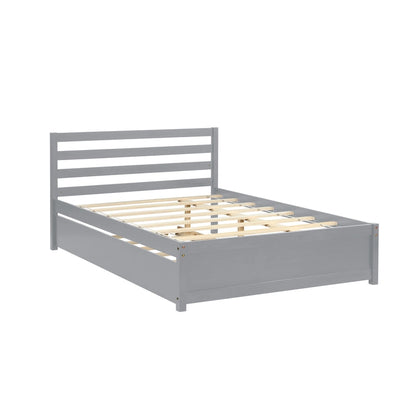 Grey Full Size Wood Platform Bed Frame with Headboard and Twin Trundle - No Box Spring Needed, Durable Pine Wood, Slat Support