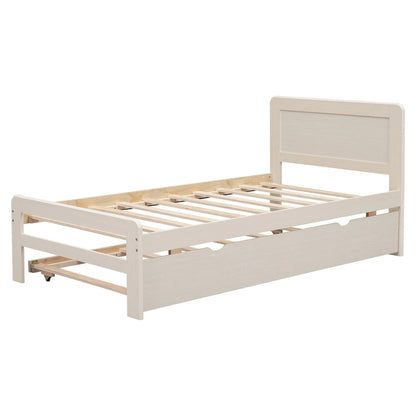 White Solid Wood Twin Platform Bed Frame with Trundle and Modern Wood Headboard