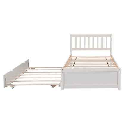 White Walnut Rubberwood Twin Platform Bed with Trundle, Sleek Design, No Box Spring Needed
