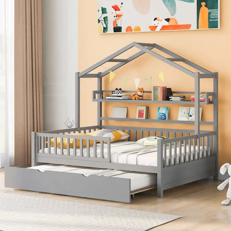 Full Wooden House Bed with Twin Trundle