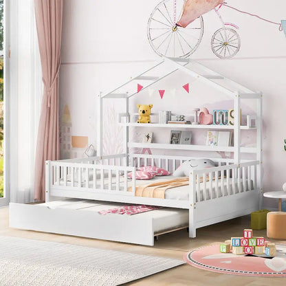 Full Wooden House Bed with Twin Trundle