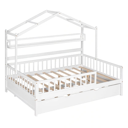 Full Wooden House Bed with Twin Trundle