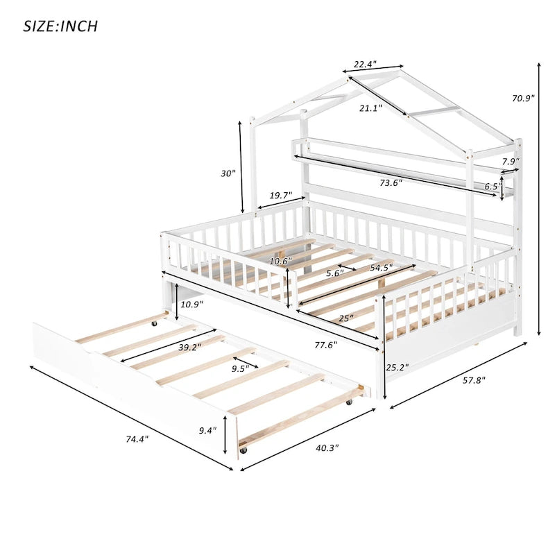 Full Wooden House Bed with Twin Trundle