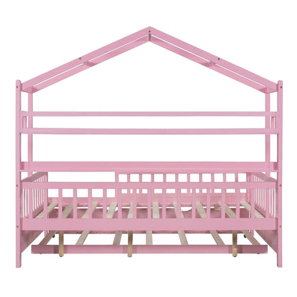 Full Wooden House Bed with Twin Trundle