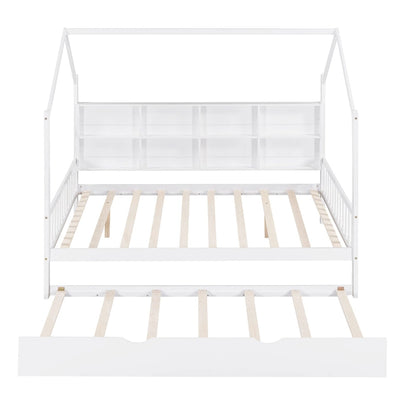 Wooden Full Size House Bed with Trundle,Kids Bed with Shelf