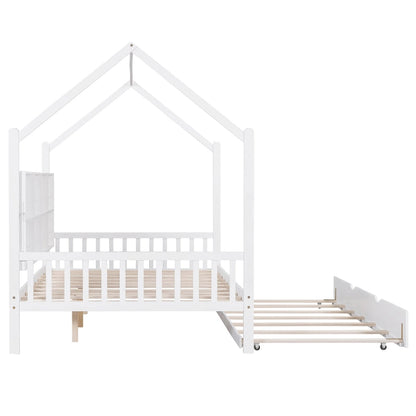 Wooden Full Size House Bed with Trundle,Kids Bed with Shelf