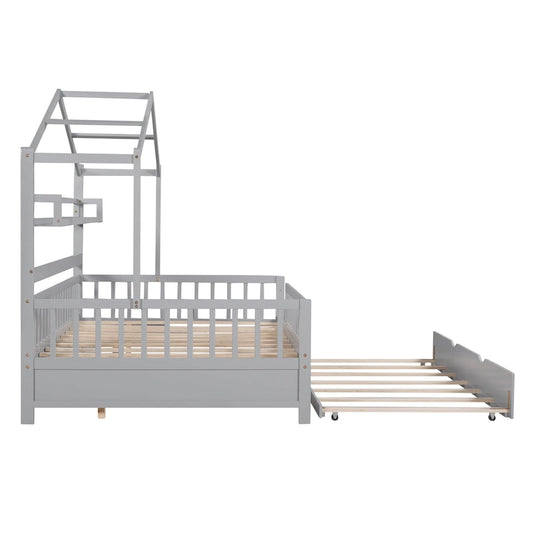 Full Size Grey Wood House-shaped Canopy Bed with Twin Trundle