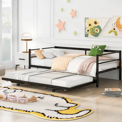 Twin Size Black Metal Daybed with Pop-up Trundle