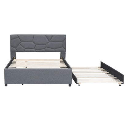 Upholstered Platform Bed with Brick Pattern Headboard and Twin Size Trundle