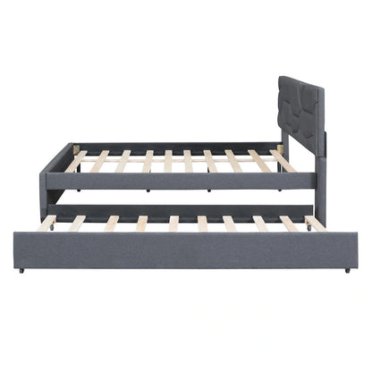 Upholstered Platform Bed with Brick Pattern Headboard and Twin Size Trundle