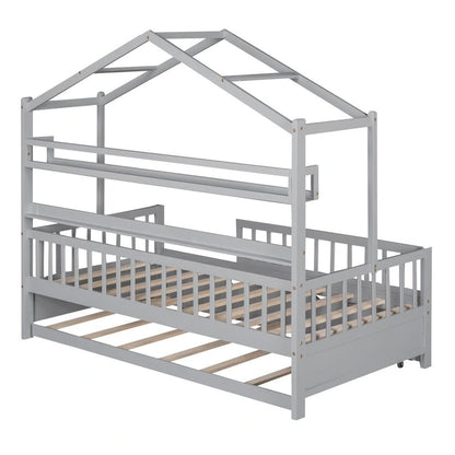 Wooden Full Size House Bed with Twin Size Trundle