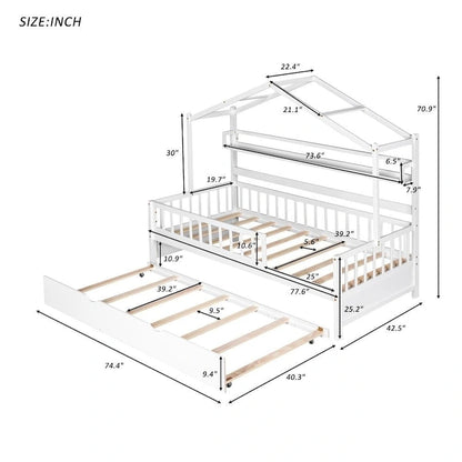 Wooden Full Size House Bed with Twin Size Trundle