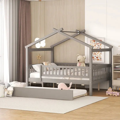 Full Size Wooden House Bed with Twin Size Trundle, Kid's Bed