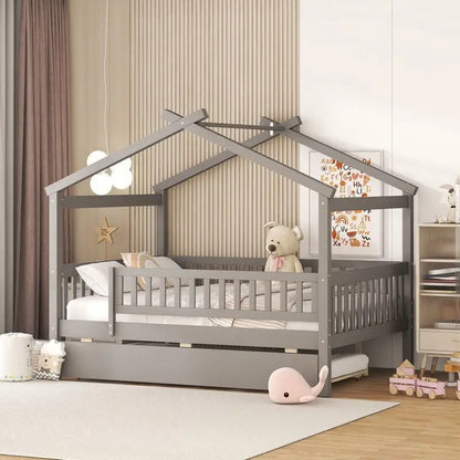 Full Size Wooden House Bed with Twin Size Trundle, Kid's Bed