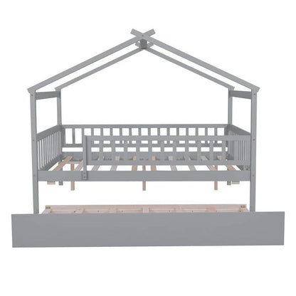 Full Size Wooden House Bed with Twin Size Trundle, Kid's Bed