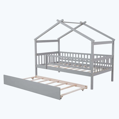 Wooden House Bed with Twin Size Trundle