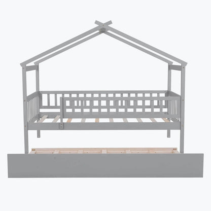 Wooden House Bed with Twin Size Trundle