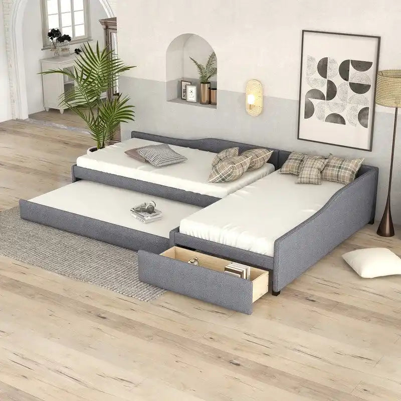 Upholstered Double Twin Size Daybed with Trundle and Drawer