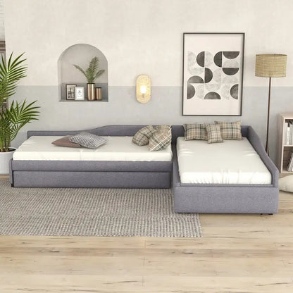 Upholstered Double Twin Size Daybed with Trundle and Drawer