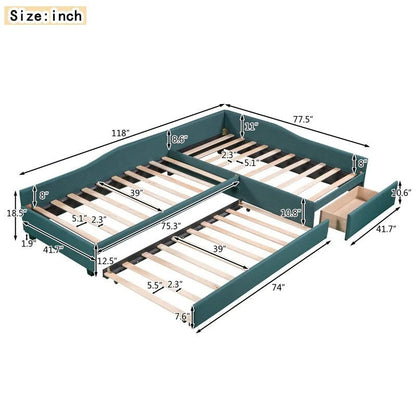 Upholstered Double Twin Size Daybed with Trundle and Drawer