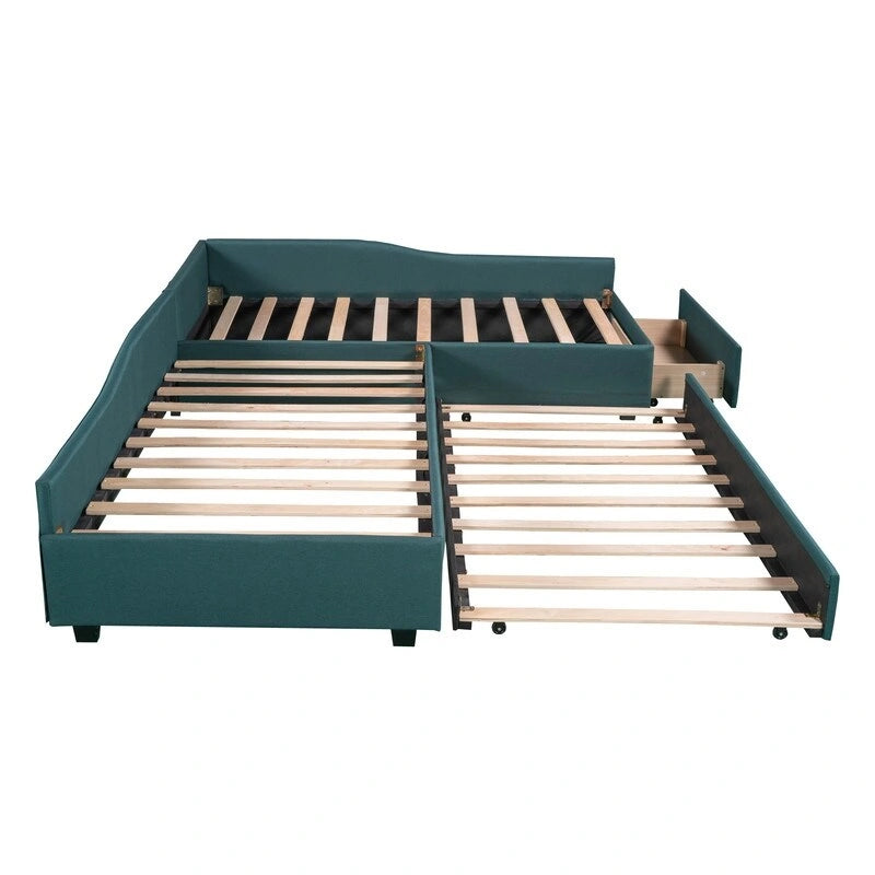Upholstered Double Twin Size Daybed with Trundle and Drawer