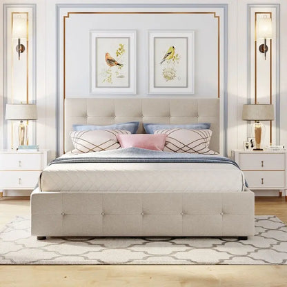 Queen Size Bed with 2 Storage Drawers and a Twin XL Trundle, Upholstered Platform Queen Bed Frame with Tufted Headboard