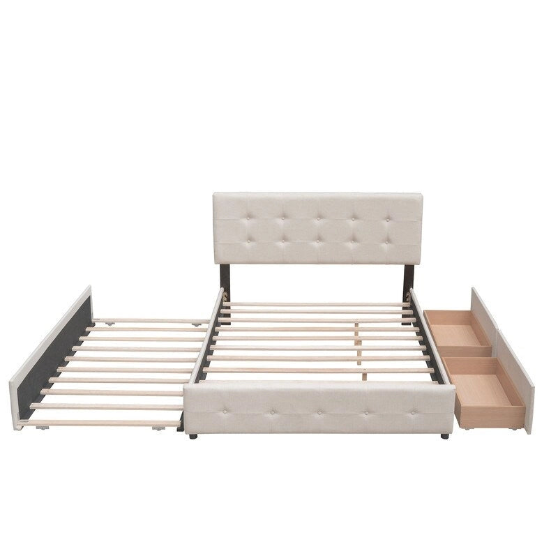 Queen Size Bed with 2 Storage Drawers and a Twin XL Trundle, Upholstered Platform Queen Bed Frame with Tufted Headboard